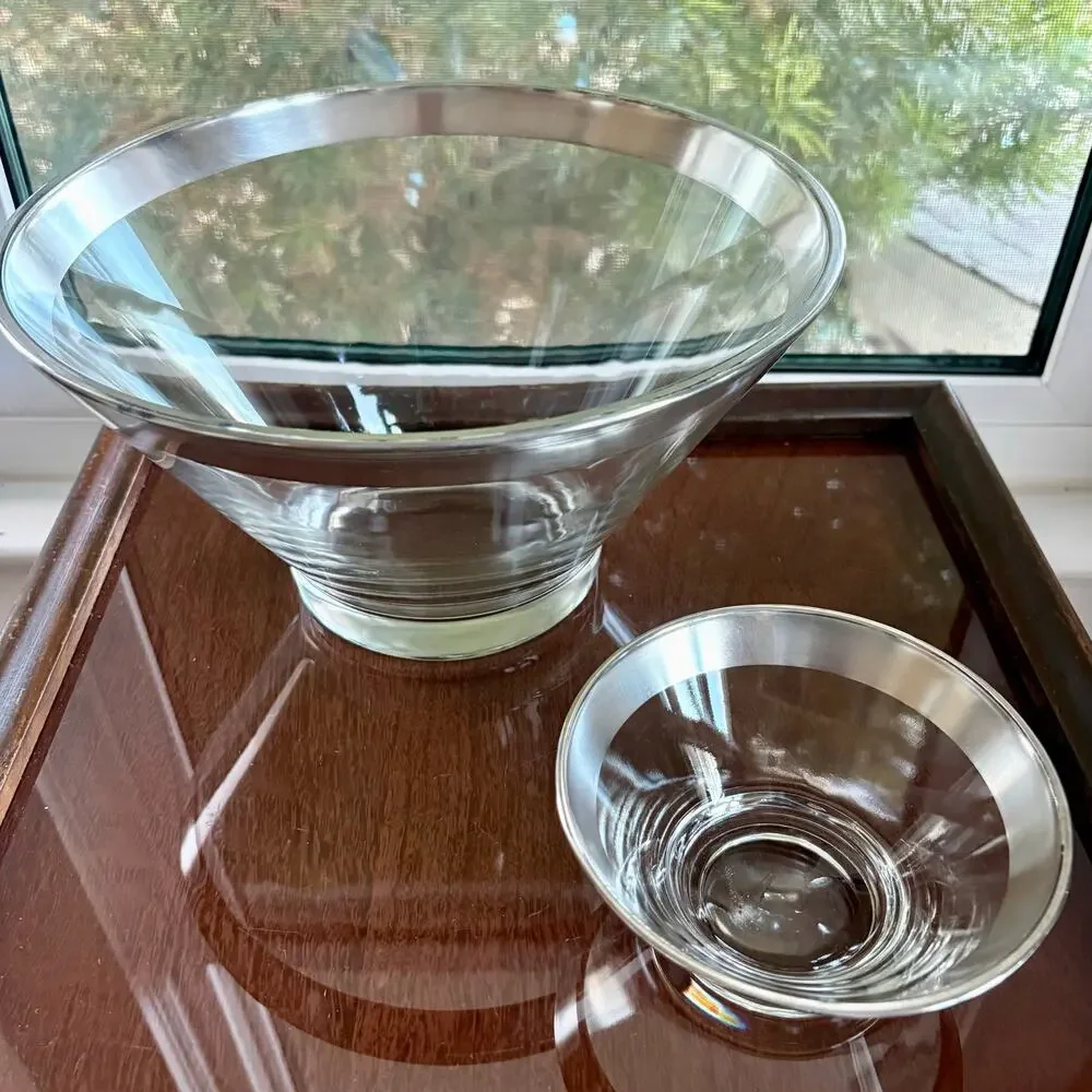 MCM Dorothy Thorpe 1960's Silver Band Glass Bowls Large & Small Chip and Dip Set